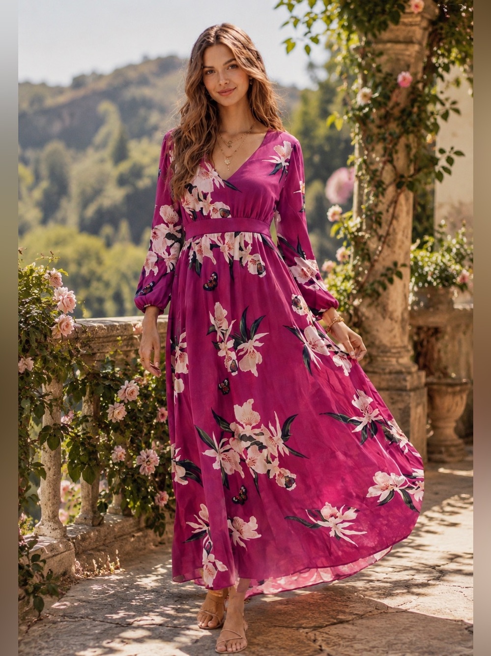 Pink Floral Empire Waist Maxi Dress Long Sleeve Boho Resort L